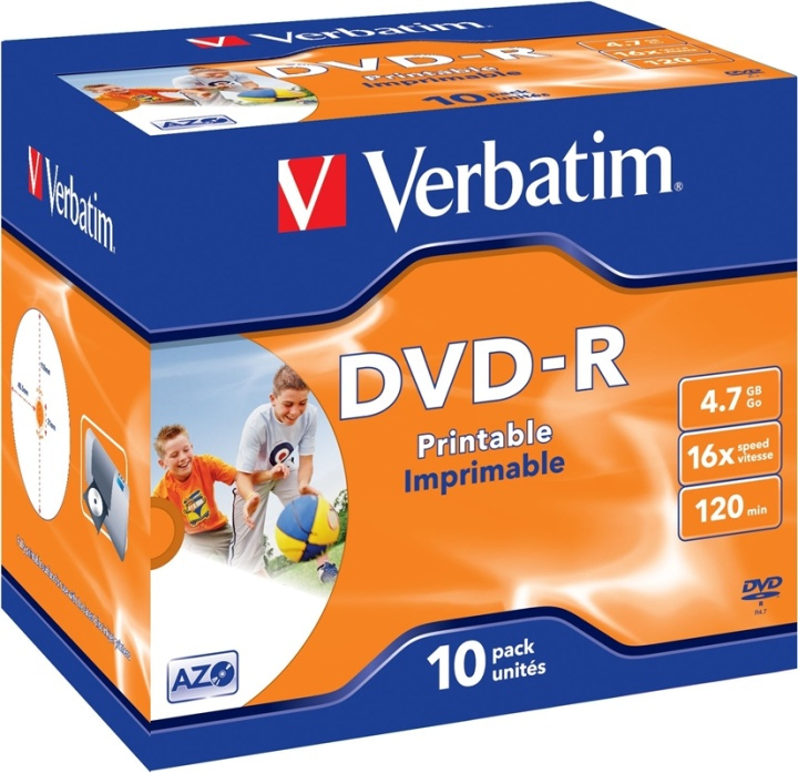 Verbatim DVD-R, 16x, 4,7 GB/120 min, 10-pakkaus, jewel case, printable ryhmässä KODINELEKTRONIIKKA / Tallennusvälineet / CD/DVD/BD-levyt / DVD-R @ TP E-commerce Nordic AB (38-23686)