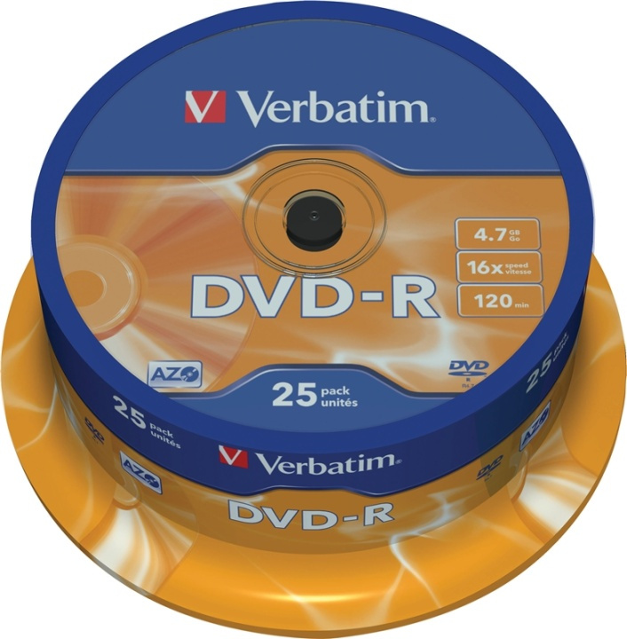 Verbatim DVD-R, 16x, 4,7 GB/120 min, 25-pakkaus, spindle, AZO ryhmässä KODINELEKTRONIIKKA / Tallennusvälineet / CD/DVD/BD-levyt / DVD-R @ TP E-commerce Nordic AB (38-23687)