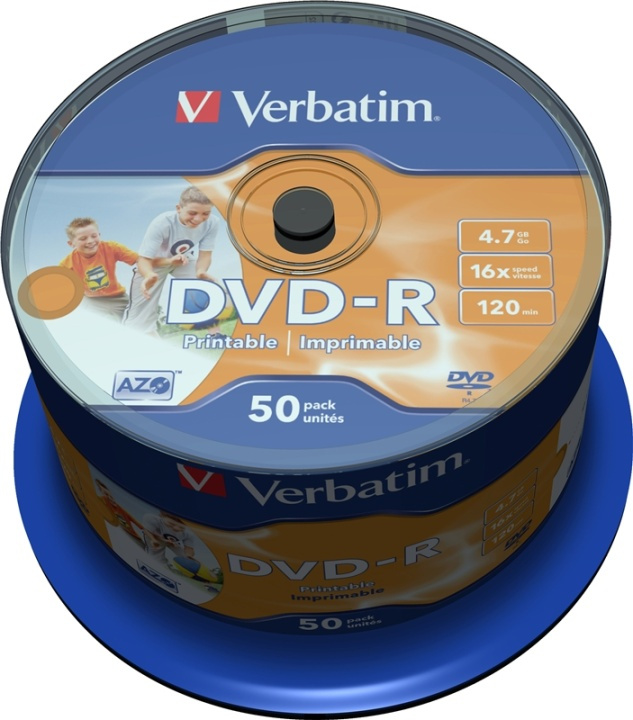 Verbatim DVD-R, 16x, 4,7 GB/120 min, 50-pack spindel, AZO, printable ryhmässä KODINELEKTRONIIKKA / Tallennusvälineet / CD/DVD/BD-levyt / DVD-R @ TP E-commerce Nordic AB (38-23689)