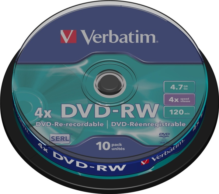 Verbatim DVD-RW, 4x, 4,7 GB/120 min, 10-pakkaus spindle, SERL ryhmässä KODINELEKTRONIIKKA / Tallennusvälineet / CD/DVD/BD-levyt / DVD-RW @ TP E-commerce Nordic AB (38-23704)