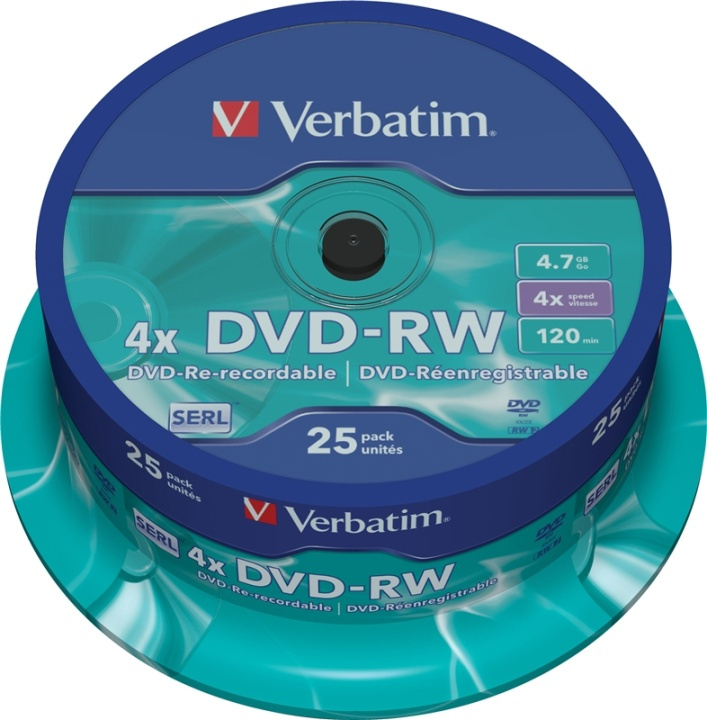 Verbatim DVD-RW, 4x, 4,7 GB/120 min, 25-pakkaus spindle, SERL ryhmässä KODINELEKTRONIIKKA / Tallennusvälineet / CD/DVD/BD-levyt / DVD-RW @ TP E-commerce Nordic AB (38-23706)
