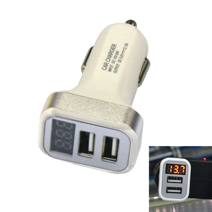 USB-billaddare med 2 USB-portar och display, Silver ryhmässä ÄLYPUHELIMET JA TABLETIT / Laturit & Kaapelit / Autolaturi / Autolaturi USB @ TP E-commerce Nordic AB (38-26745)