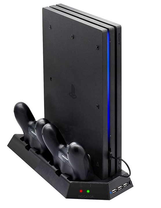Vertikalt stativ med kylfläktar, laddningsstationer, USB-hub, Playstation 4 Pro ryhmässä KODINELEKTRONIIKKA / Pelikonsolit & Tarvikkeet / Sony PlayStation 4 @ TP E-commerce Nordic AB (38-27128)