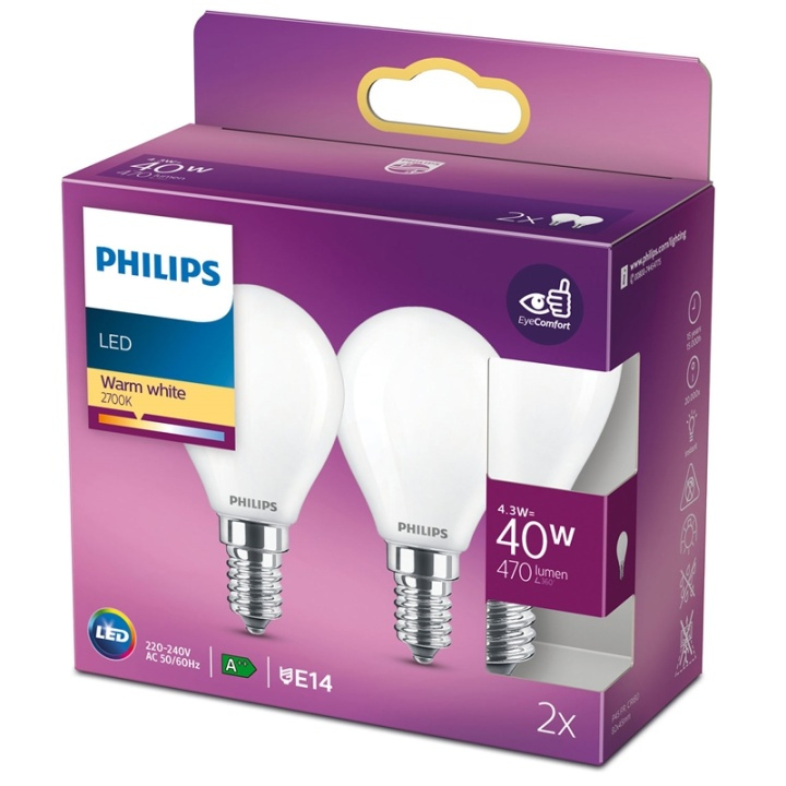 Philips 2-pack LED E14 Klot 40W Frost ryhmässä KODINELEKTRONIIKKA / Valaistus / LED-lamput @ TP E-commerce Nordic AB (38-28881)