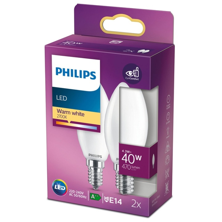 Philips 2-pack LED E14 Kron 40W Frost ryhmässä KODINELEKTRONIIKKA / Valaistus / LED-lamput @ TP E-commerce Nordic AB (38-28883)