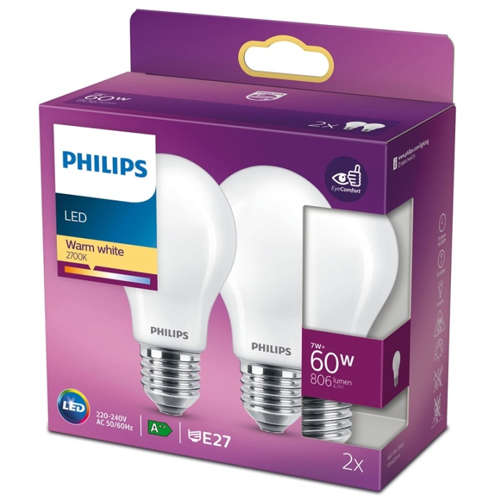 Philips 2-pack LED E27 Normal 60W Fros ryhmässä KODINELEKTRONIIKKA / Valaistus / LED-lamput @ TP E-commerce Nordic AB (38-28885)