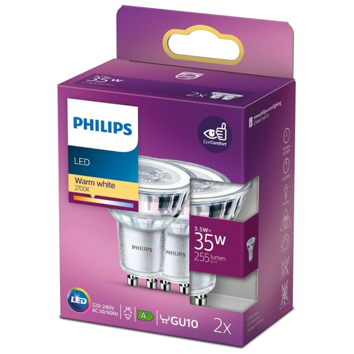 Philips 2-pack LED GU10 Spot 35W 255lm ryhmässä KODINELEKTRONIIKKA / Valaistus / LED-lamput @ TP E-commerce Nordic AB (38-28891)