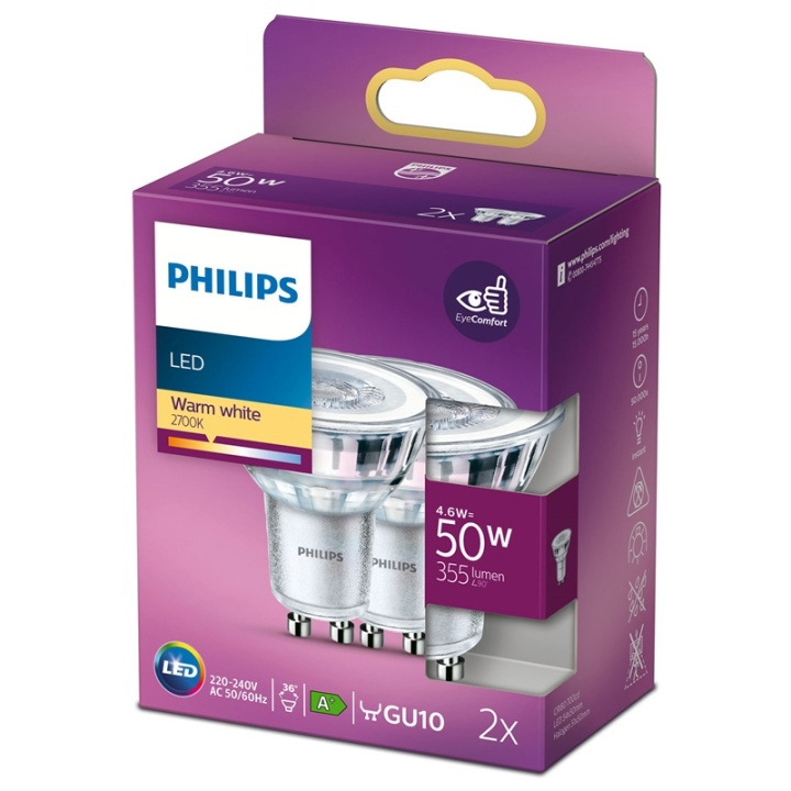 Philips 2-pack LED GU10 Spot 50W 355lm ryhmässä KODINELEKTRONIIKKA / Valaistus / LED-lamput @ TP E-commerce Nordic AB (38-28892)