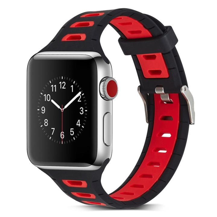 Apple Watchin kanssa yhteensopiva silikonikelloranneke, 42mm, musta, punainen ryhmässä ÄLYPUHELIMET JA TABLETIT / Urheilu, koti ja vapaa-aika / Apple Watch & tarvikkeet / Tarvikkeet @ TP E-commerce Nordic AB (38-29514)
