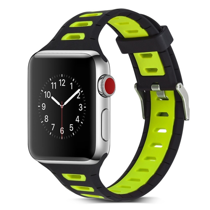 Silikoniranneke yhteensopiva Apple Watchin kanssa, 42mm, Musta, Keltainen ryhmässä ÄLYPUHELIMET JA TABLETIT / Urheilu, koti ja vapaa-aika / Apple Watch & tarvikkeet / Tarvikkeet @ TP E-commerce Nordic AB (38-29515)