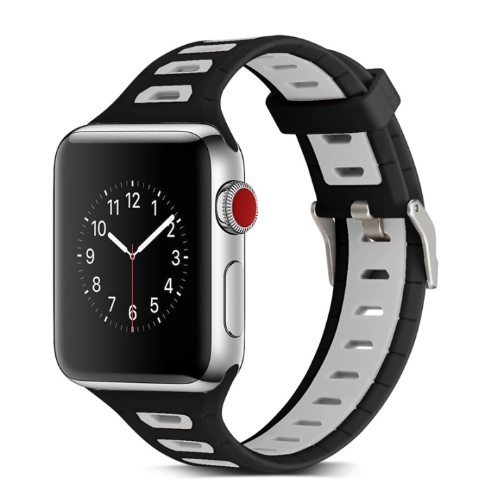 Silikoniranneke yhteensopiva Apple Watchin kanssa, 42mm, Musta, Harmaa ryhmässä ÄLYPUHELIMET JA TABLETIT / Urheilu, koti ja vapaa-aika / Apple Watch & tarvikkeet / Tarvikkeet @ TP E-commerce Nordic AB (38-29516)
