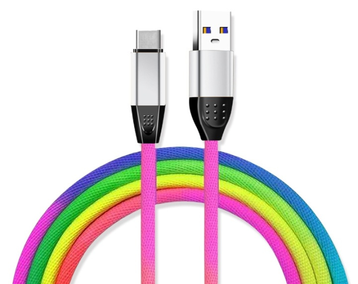 USB Typ C Textilkabel 1 m, Regnbågens färger ryhmässä ÄLYPUHELIMET JA TABLETIT / Laturit & Kaapelit / Kaapelit / Tyyppi C -kaapelit @ TP E-commerce Nordic AB (38-29686)