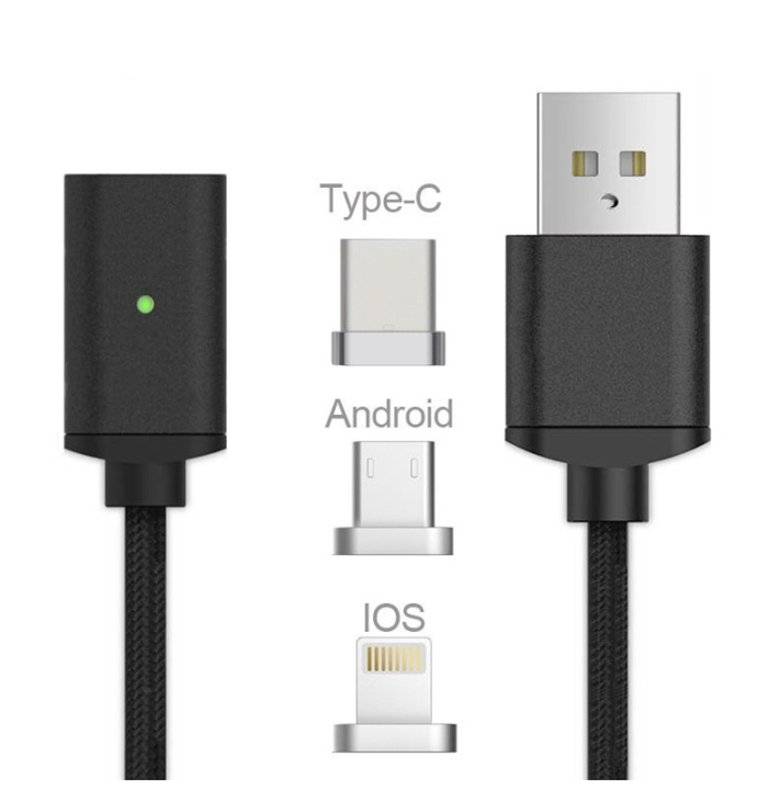 Magnetisk USB-kabel 3 i 1 - USB-C, Micro, Lightning (Svart) ryhmässä ÄLYPUHELIMET JA TABLETIT / Laturit & Kaapelit / Kaapelit / MicroUSB-kaapelit @ TP E-commerce Nordic AB (38-29770)