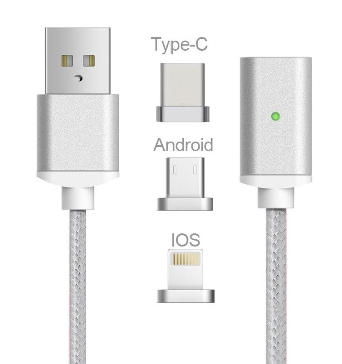 Magneettinen USB-kaapeli 3 in 1 - USB-C, Micro, Lightning (Hopea) ryhmässä ÄLYPUHELIMET JA TABLETIT / Laturit & Kaapelit / Kaapelit / MicroUSB-kaapelit @ TP E-commerce Nordic AB (38-29771)