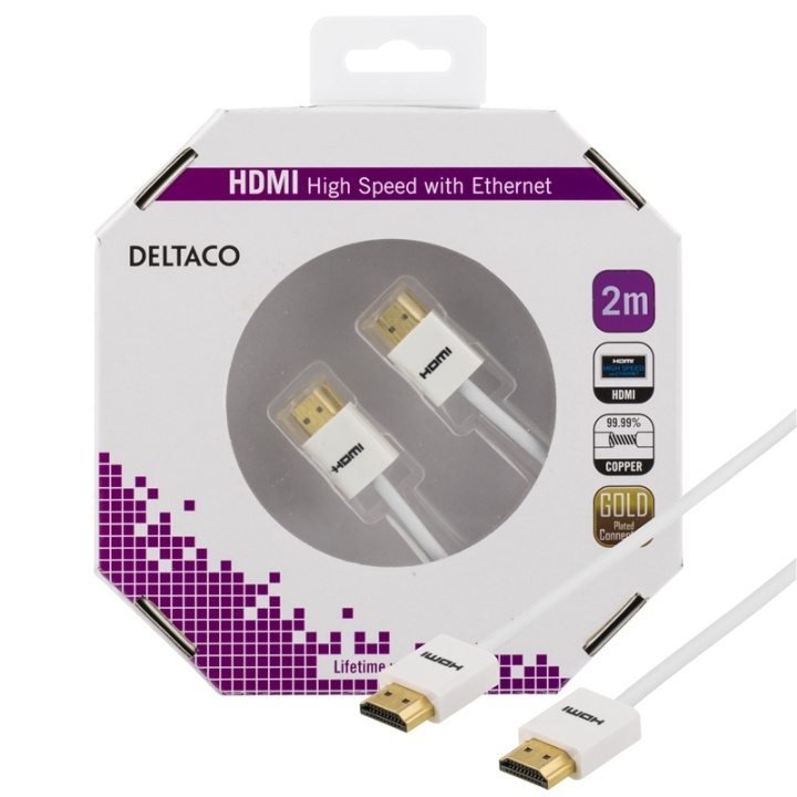 DELTACO ohut HDMI-kaapeli, HDMI High Speed with Ethernet, 2m, valk. ryhmässä KODINELEKTRONIIKKA / Kaapelit & Sovittimet / HDMI / Kaapelit @ TP E-commerce Nordic AB (38-36766)