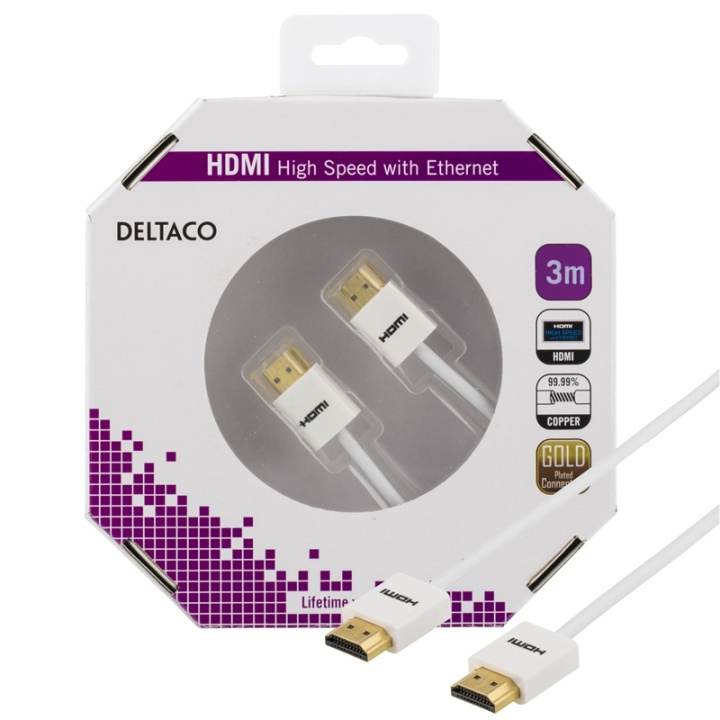 DELTACO ohut HDMI-kaapeli, HDMI High Speed with Ethernet, 3m, valk. ryhmässä KODINELEKTRONIIKKA / Kaapelit & Sovittimet / HDMI / Kaapelit @ TP E-commerce Nordic AB (38-36767)