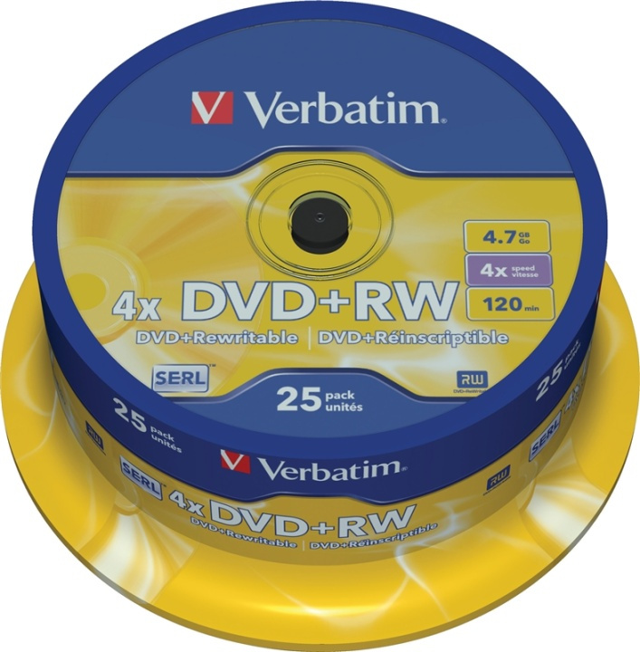 Verbatim DVD+RW, 1-4x, 4,7 GB/120 min, 25-pack spindel, SERL ryhmässä KODINELEKTRONIIKKA / Tallennusvälineet / CD/DVD/BD-levyt / DVD+R @ TP E-commerce Nordic AB (38-37124)