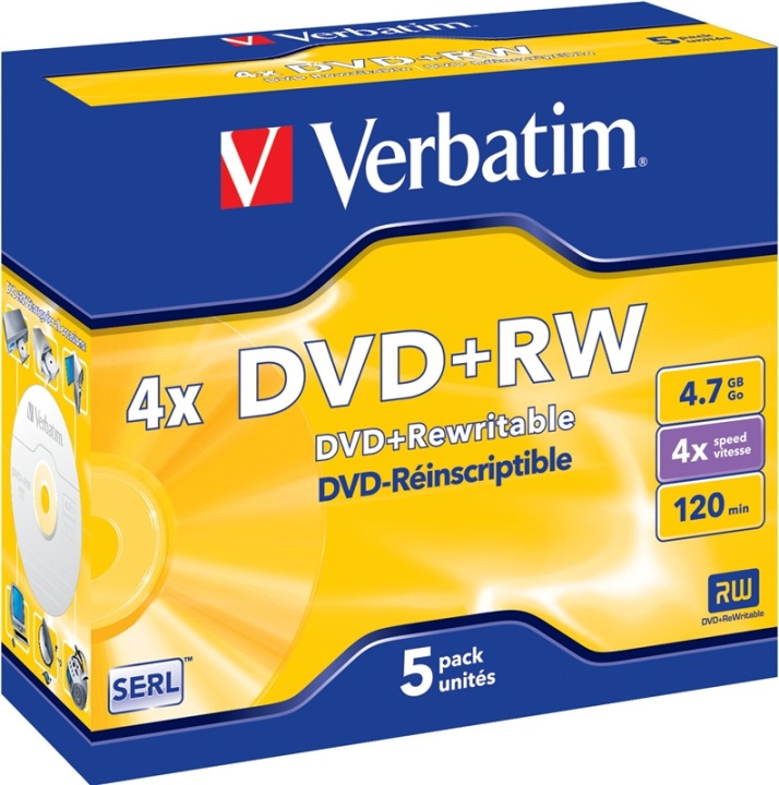 Verbatim DVD+RW, 4x, 4,7 GB/120 min, 5-pakkaus jewel case, SERL ryhmässä KODINELEKTRONIIKKA / Tallennusvälineet / CD/DVD/BD-levyt / DVD+R @ TP E-commerce Nordic AB (38-37127)