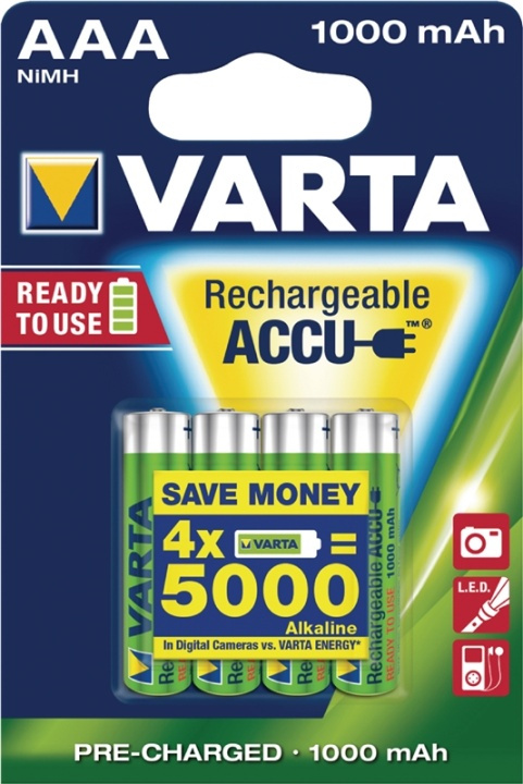 Varta Ladattava Ni-MH-Akku AAA | 1.2 V DC | 1000 mAh | Esiladattu | 4-Blister-kortti ryhmässä KODINELEKTRONIIKKA / Paristot & Laturit / Ladattavat paristot / AAA @ TP E-commerce Nordic AB (38-41940)