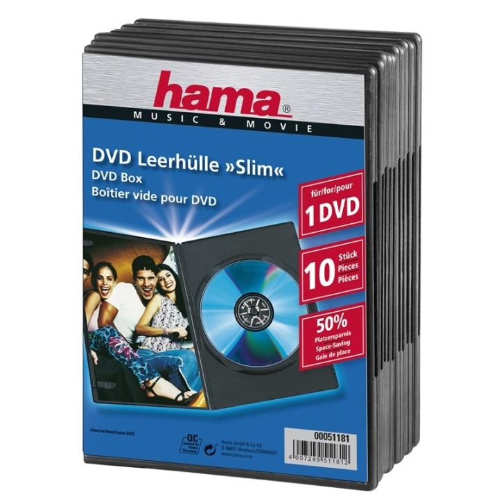 Hama DVD-Box Slim Svart 10-pack ryhmässä KODINELEKTRONIIKKA / Tallennusvälineet / CD/DVD/BD-levyt / CD/DVD säilytys @ TP E-commerce Nordic AB (38-47336)