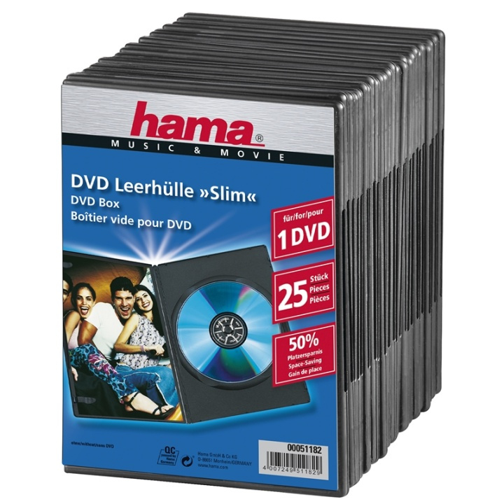 Hama DVD-Box Slim Svart 25-pack ryhmässä KODINELEKTRONIIKKA / Tallennusvälineet / CD/DVD/BD-levyt / CD/DVD säilytys @ TP E-commerce Nordic AB (38-47337)