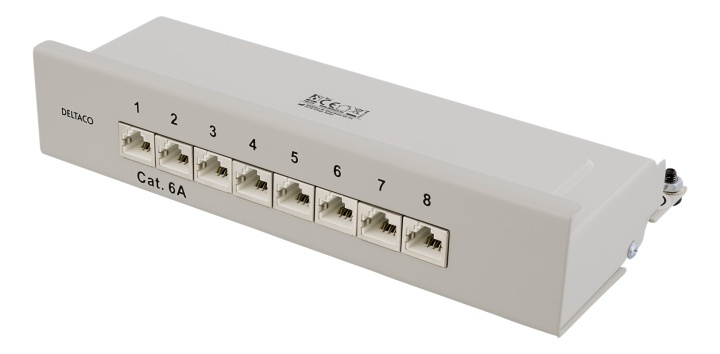 DELTACO kytkentäpaneeli, 8xRJ45, Cat6a, seinäasennus, 10Gbps, harmaa ryhmässä TIETOKOONET & TARVIKKEET / Verkko / Reititin @ TP E-commerce Nordic AB (38-53481)