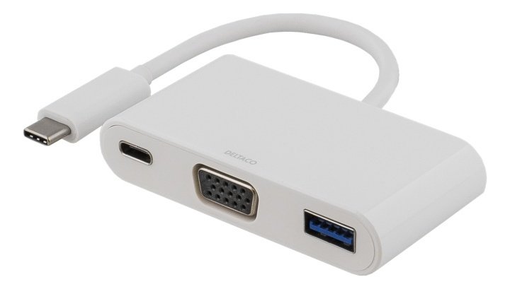 DELTACO sovitin USB-C - VGA ja USB Type A, USB-C naaras, 60W, valk. ryhmässä TIETOKOONET & TARVIKKEET / Kaapelit & Sovittimet / Muut @ TP E-commerce Nordic AB (38-53707)