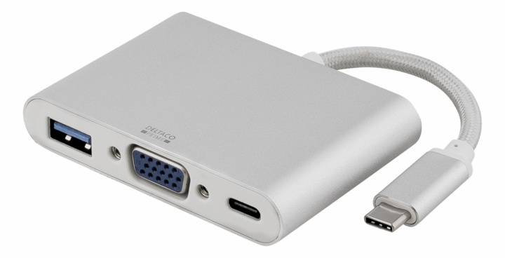 DELTACO PRIME USB-C till VGA och USB A, USB-C port för laddning, silver ryhmässä TIETOKOONET & TARVIKKEET / Kaapelit & Sovittimet / VGA / Sovittimet @ TP E-commerce Nordic AB (38-53717)