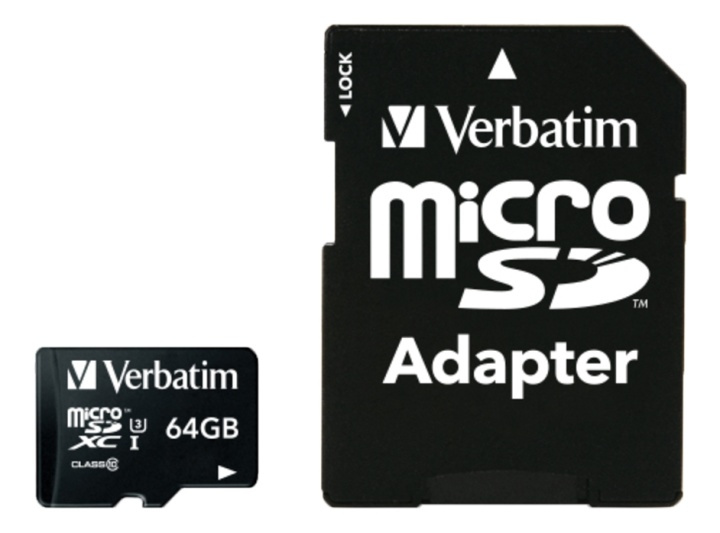 Verbatim PRO U3 microSDXC-kortti, sis. adapterin, 64GB ryhmässä KODINELEKTRONIIKKA / Tallennusvälineet / Muistikortit / MicroSD/HC/XC @ TP E-commerce Nordic AB (38-55915)