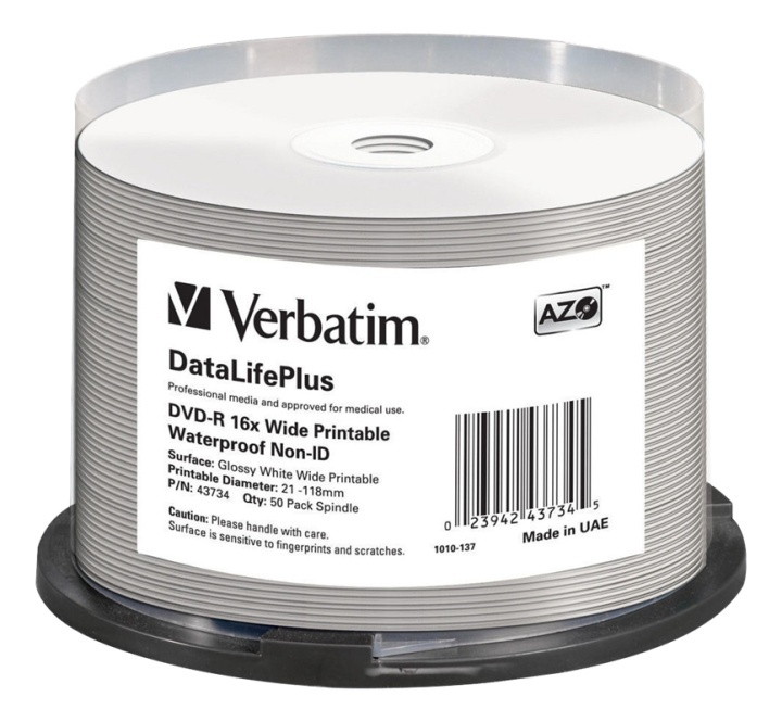 Verbatim DVD-R AZO 4.7GB 16X DL+ WIDE GLOSSY WATERPROOF PRINTABLE ryhmässä KODINELEKTRONIIKKA / Tallennusvälineet / CD/DVD/BD-levyt / CD/DVD säilytys @ TP E-commerce Nordic AB (38-62607)