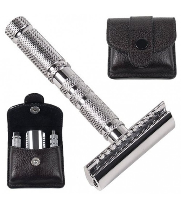 Parker A1-R 4 Piece Travel Safety Razor & Leather Pouch ryhmässä KAUNEUS JA TERVEYS / Hiukset &Stailaus / Sheivaus ja trimmaus / Partahöylät & Tarvikkeet @ TP E-commerce Nordic AB (38-70082)