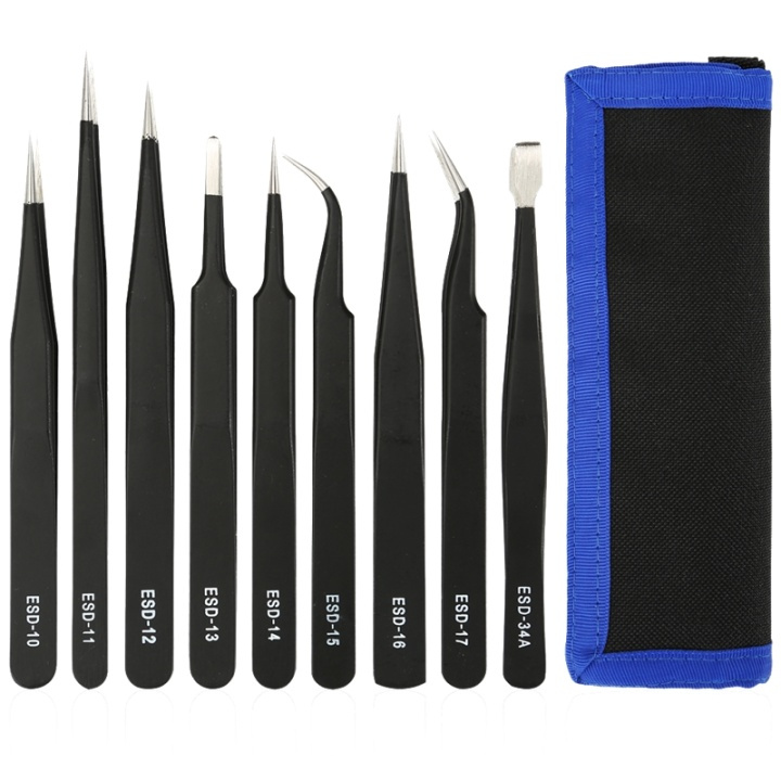 Tweezer kit, 9 pieces, ESD, black ryhmässä TIETOKOONET & TARVIKKEET / Tietokonetarvikkeet / Muut @ TP E-commerce Nordic AB (38-71833)