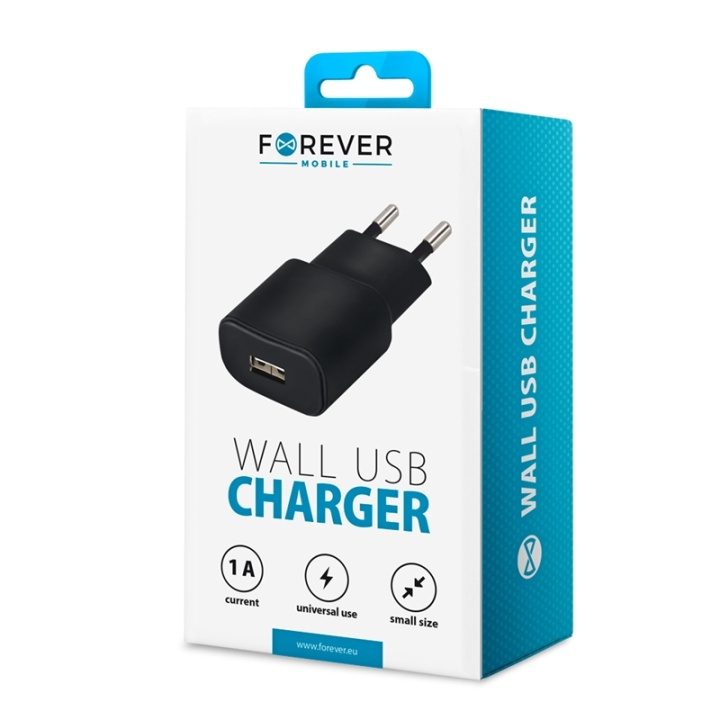 Forever seinälaturi, USB-portti, 1A, musta ryhmässä ÄLYPUHELIMET JA TABLETIT / Laturit & Kaapelit / Seinälaturi / Seinälaturi USB @ TP E-commerce Nordic AB (38-72501)