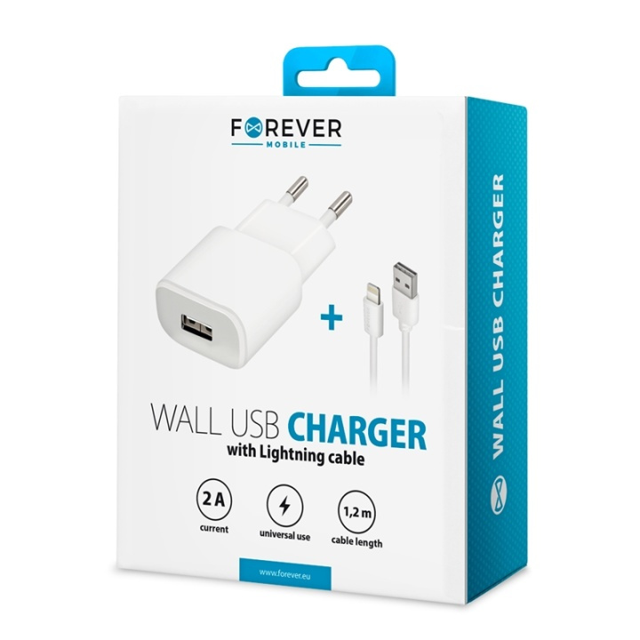 Forever seinälaturi USB 2A TC-01 + iPhone 8-nastainen kaapeli - Valkoinen ryhmässä ÄLYPUHELIMET JA TABLETIT / Laturit & Kaapelit / Seinälaturi / Seinälatruri Lightning @ TP E-commerce Nordic AB (38-72509)