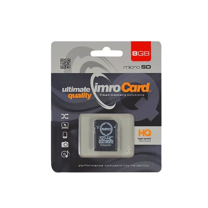 IMRO MicroSDHC 8GB cl.4 med adapter ryhmässä KODINELEKTRONIIKKA / Tallennusvälineet / Muistikortit / MicroSD/HC/XC @ TP E-commerce Nordic AB (38-72571)