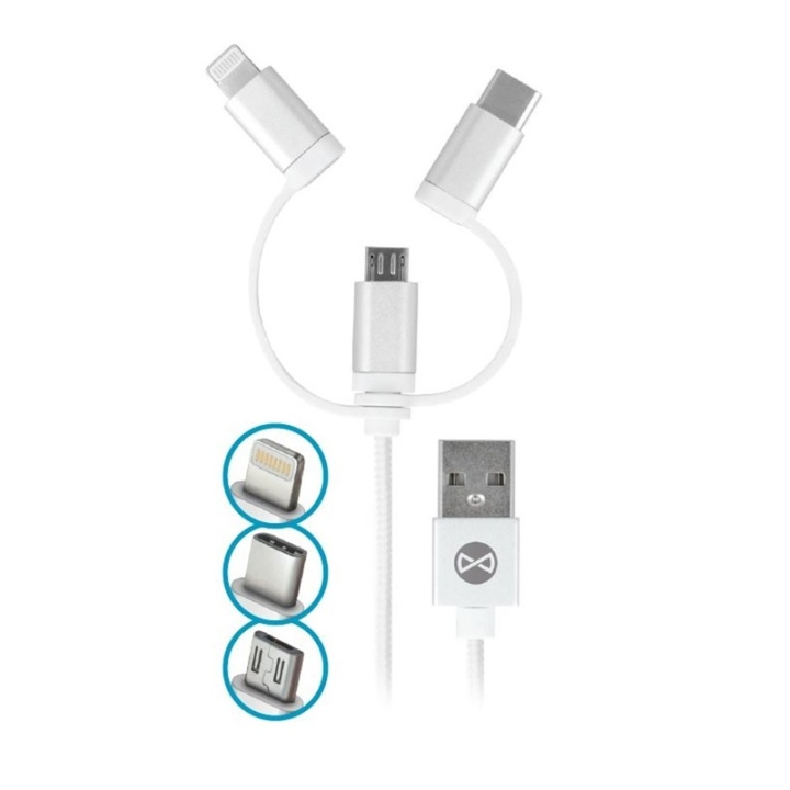 Forever USB 3-in-1 kaapeli, nailon, microUSB, USB iPhonelle & USB type-C ryhmässä ÄLYPUHELIMET JA TABLETIT / Laturit & Kaapelit / Kaapelit / Lightning kaapelit @ TP E-commerce Nordic AB (38-72597)