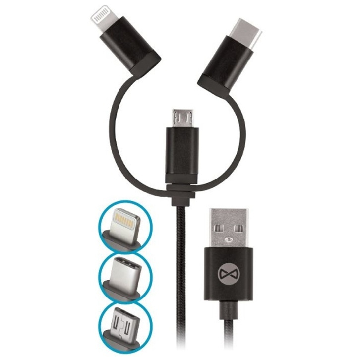 Forever 3in1 nylon microUSB + Lightning + USB typ-C Svart ryhmässä ÄLYPUHELIMET JA TABLETIT / Laturit & Kaapelit / Kaapelit / Lightning kaapelit @ TP E-commerce Nordic AB (38-72598)