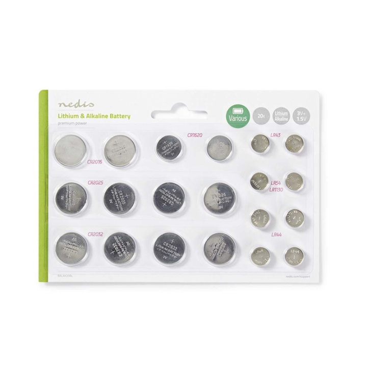 Nedis Litium/Alkali Nappiparistosarja | 1.5 / 3 V DC | Alkaali / Litium | CR1620 / CR2016 / CR2025 / CR2032 / LR43 / LR44 / LR54 | Paristojen määrä: 20 kpl | Blisterikortti | Erilaisia laitteita ryhmässä KODINELEKTRONIIKKA / Paristot & Laturit / Akut / Nappiparistot @ TP E-commerce Nordic AB (38-72976)