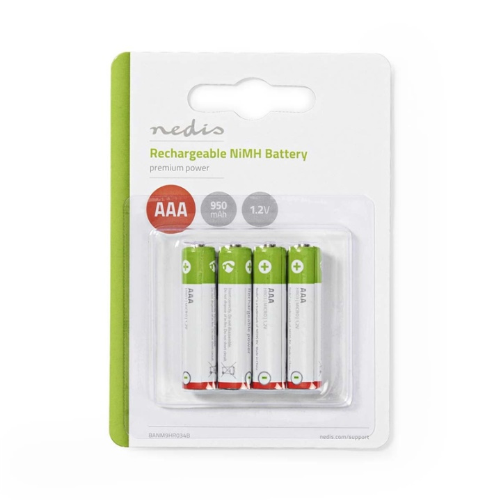 Nedis Ladattava Ni-MH-Akku AAA | 1.2 V DC | 950 mAh | Esiladattu | 4 Kpl pakkaus ryhmässä KODINELEKTRONIIKKA / Paristot & Laturit / Ladattavat paristot / AAA @ TP E-commerce Nordic AB (38-72994)