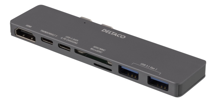 DELTACO USB-C-telakointiasema MacBook Prolle, 2016 ja uudemmat mallit ryhmässä TIETOKOONET & TARVIKKEET / Kannettavat tietokoneet & tarvikkeet / Telakka @ TP E-commerce Nordic AB (38-74632)