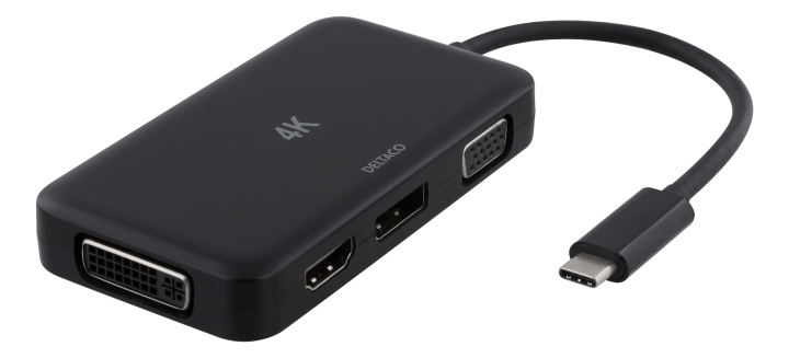 DELTACO sovitin USB-C - HDMI/DP/DVI/VGA, 4K, DP Alt Mode, musta ryhmässä ÄLYPUHELIMET JA TABLETIT / Laturit & Kaapelit / Sovittimet @ TP E-commerce Nordic AB (38-74635)