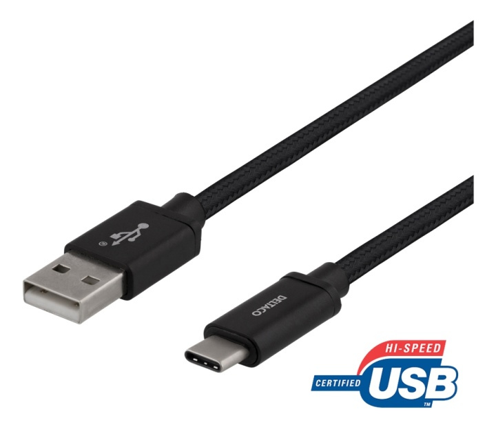 DELTACO USB-A - USB-C-kaapeli, 2m, USB 2.0, punottu, musta ryhmässä ÄLYPUHELIMET JA TABLETIT / Laturit & Kaapelit / Kaapelit / Tyyppi C -kaapelit @ TP E-commerce Nordic AB (38-74700)