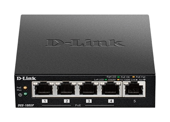 D-Link DGS-1005P pöytämallinen kytkin, 5 porttia, Gigabit, PoE+, musta ryhmässä TIETOKOONET & TARVIKKEET / Verkko / Kytkimet @ TP E-commerce Nordic AB (38-74799)