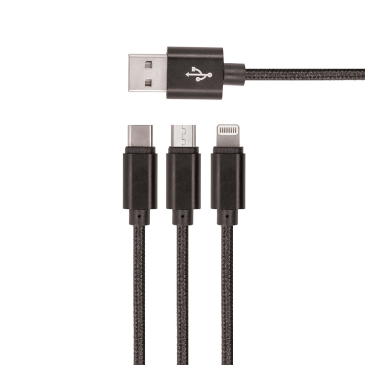 Setty 3i1 USB-kabel till microUSB/USB-C/Lightning, 1 m, Svart ryhmässä ÄLYPUHELIMET JA TABLETIT / Laturit & Kaapelit / Kaapelit / MicroUSB-kaapelit @ TP E-commerce Nordic AB (38-79027)