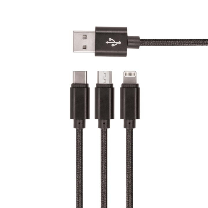 Setty 3in1 USB-kaapeli microUSB/USB-C/Lightning, 1,2 m, musta ryhmässä ÄLYPUHELIMET JA TABLETIT / Laturit & Kaapelit / Kaapelit / MicroUSB-kaapelit @ TP E-commerce Nordic AB (38-79027)