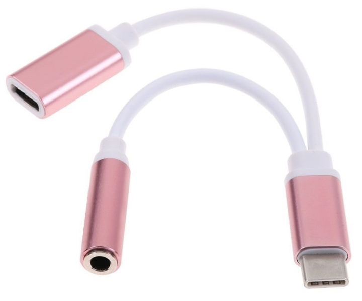 Dual Adapteri USB-C 3,5 mm kuulokeliitäntään ja lataukseen, Roosa ryhmässä ÄLYPUHELIMET JA TABLETIT / Laturit & Kaapelit / Sovittimet @ TP E-commerce Nordic AB (38-80763)