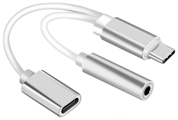 Dual Adapteri USB-C 3,5 mm kuulokeliitäntään ja lataukseen, hopea ryhmässä ÄLYPUHELIMET JA TABLETIT / Laturit & Kaapelit / Sovittimet @ TP E-commerce Nordic AB (38-80765)