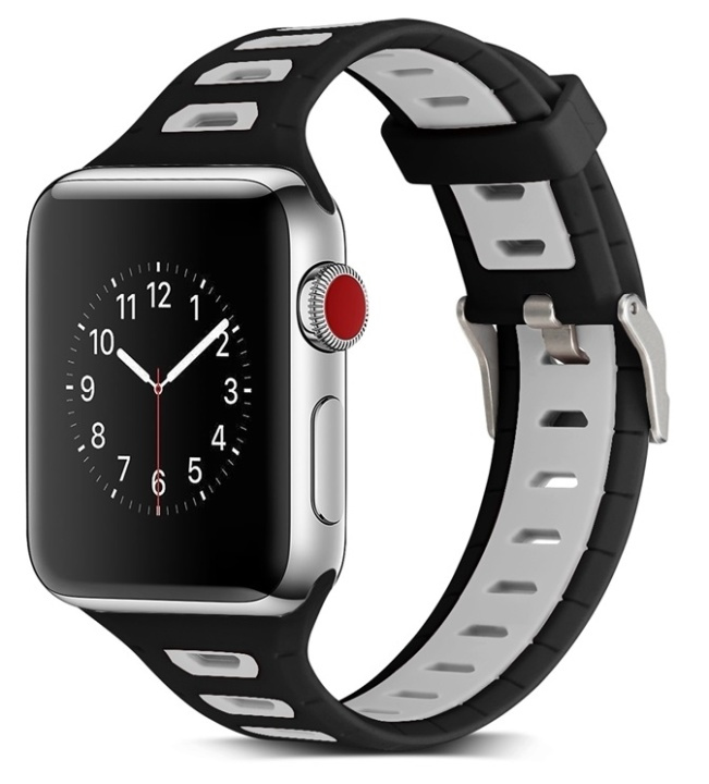 Silikoniranneke yhteensopiva Apple Watchin kanssa, 38mm, Musta, Harmaa ryhmässä ÄLYPUHELIMET JA TABLETIT / Urheilu, koti ja vapaa-aika / Apple Watch & tarvikkeet / Tarvikkeet @ TP E-commerce Nordic AB (38-80892)