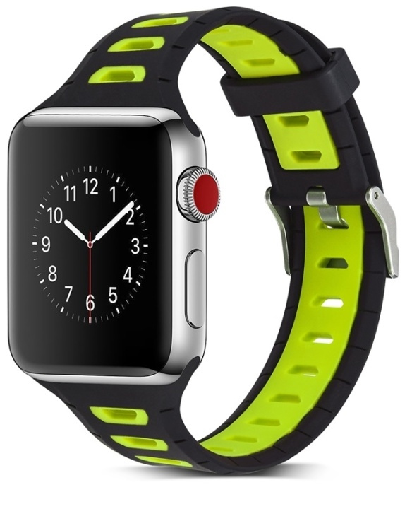 Silikoniranneke yhteensopiva Apple Watchin kanssa, 38mm, Musta, Keltainen ryhmässä ÄLYPUHELIMET JA TABLETIT / Urheilu, koti ja vapaa-aika / Apple Watch & tarvikkeet / Tarvikkeet @ TP E-commerce Nordic AB (38-80898)