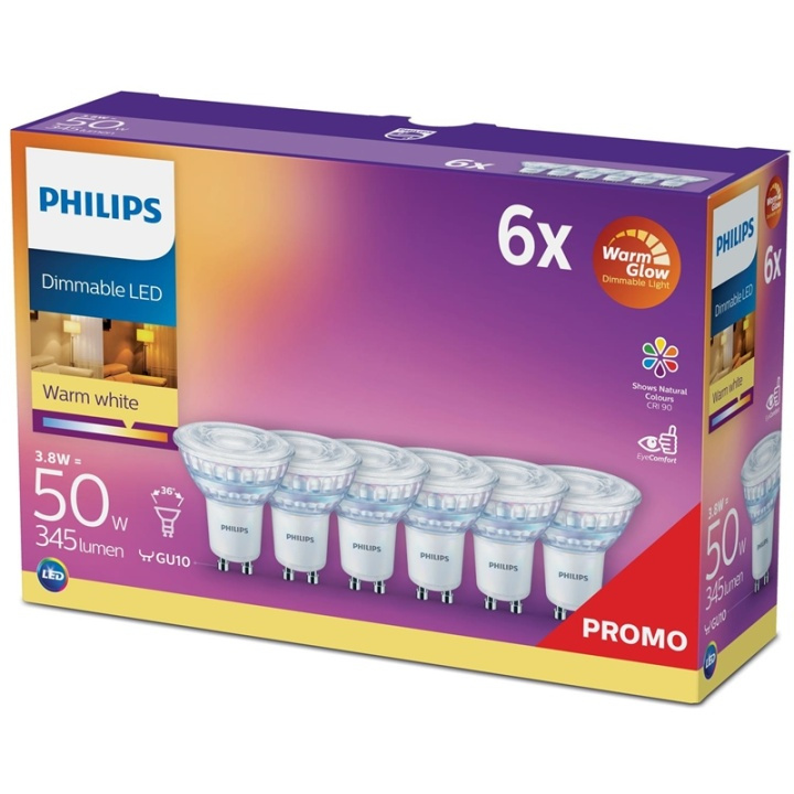 Philips 6-pack LED GU10 50W himmennettävä WarmGlow LED-valaisin ryhmässä KODINELEKTRONIIKKA / Valaistus / LED-lamput @ TP E-commerce Nordic AB (38-84905)